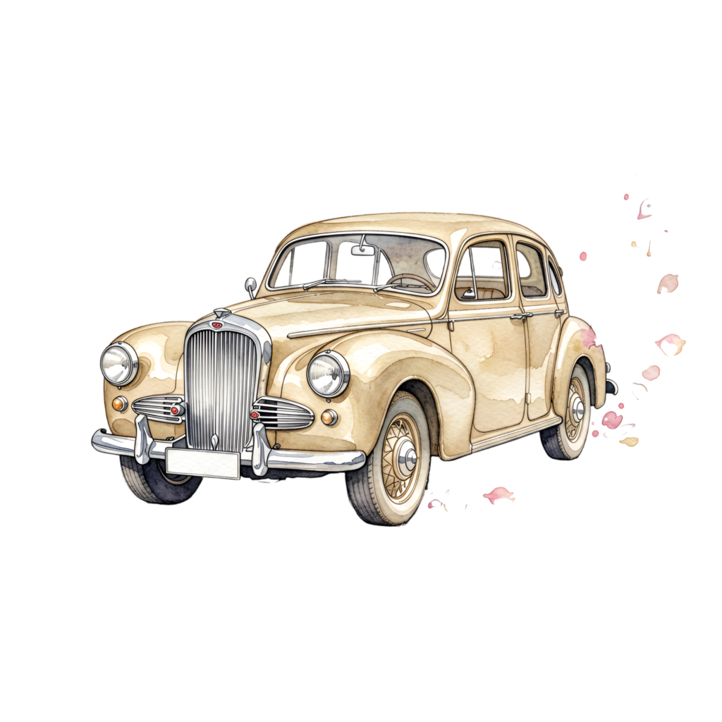 Classic wedding car illustration, beige vintage sedan with subtle watercolor rose petals, elegant PNG asset