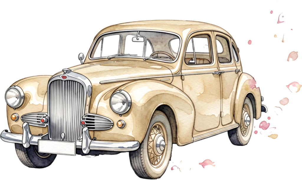 Classic wedding car illustration, beige vintage sedan with subtle watercolor rose petals, elegant PNG asset