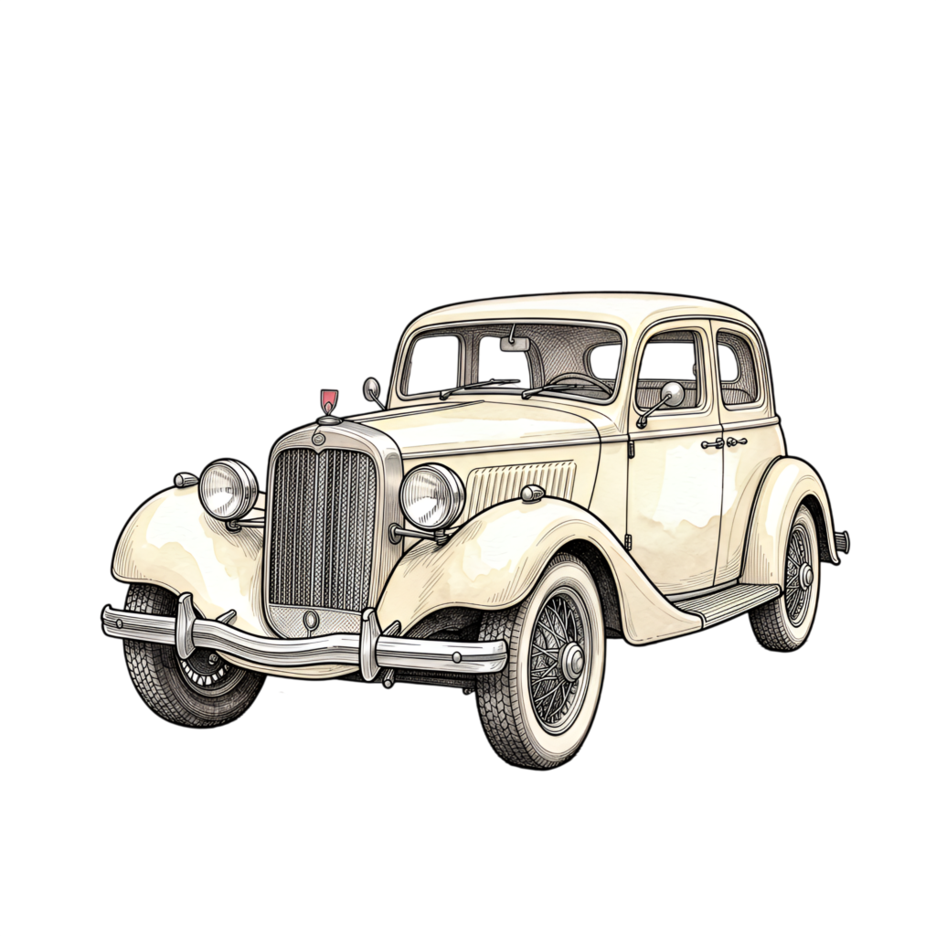 Detailed wedding car illustration, an immaculate beige vintage sedan, sophisticated hand-drawn PNG art