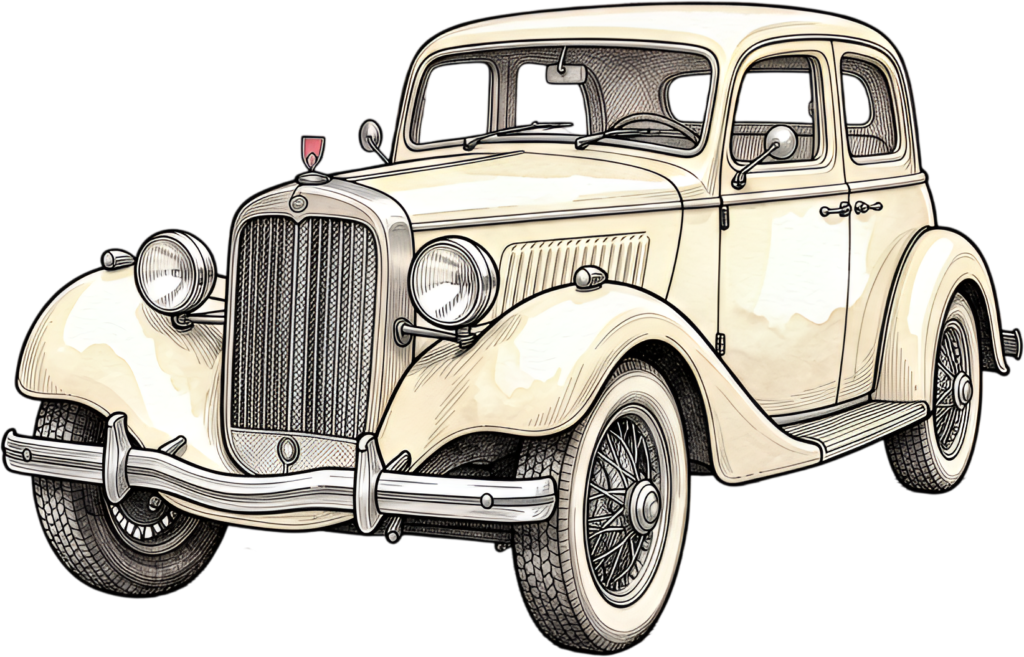 Detailed wedding car illustration, an immaculate beige vintage sedan, sophisticated hand-drawn PNG art
