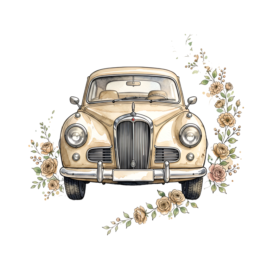 Artistic wedding car illustration, a front view beige vintage sedan encircled by a beautiful floral wreath, charming PNG