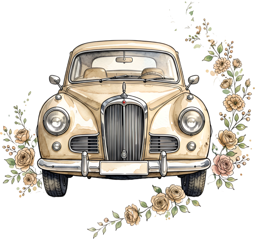 Artistic wedding car illustration, a front view beige vintage sedan encircled by a beautiful floral wreath, charming PNG
