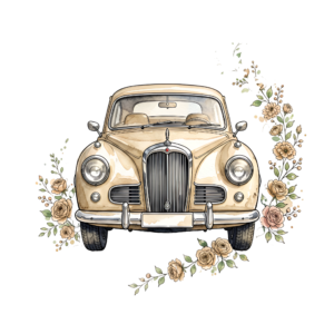 - Festive wedding car clipart, rear view displaying "Mr & Mrs" banner and cans, cheerful celebration PNG Free PNG Download