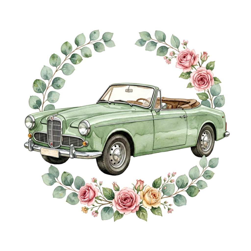 Picturesque wedding car clipart, green vintage convertible within a lovely rose and eucalyptus wreath, beautiful PNG