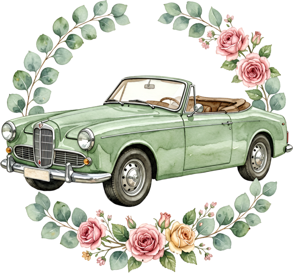 Picturesque wedding car clipart, green vintage convertible within a lovely rose and eucalyptus wreath, beautiful PNG