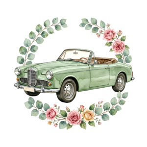 - Festive wedding car clipart, rear view displaying "Mr & Mrs" banner and cans, cheerful celebration PNG Free PNG Download