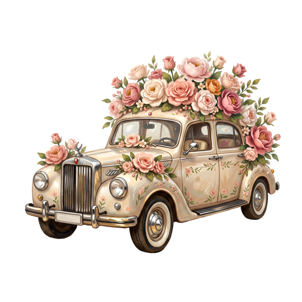 Extravagant wedding car illustration, a cream vintage sedan overflowing with pink and peach florals, stunning PNG