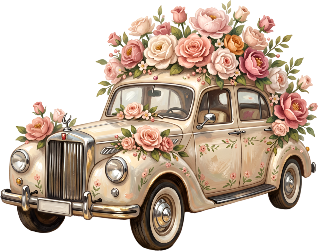 Extravagant wedding car illustration, a cream vintage sedan overflowing with pink and peach florals, stunning PNG
