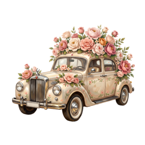- Elegant wedding car clipart, white modern sedan adorned with a heart-shaped rose bouquet, sophisticated PNG Free PNG Download