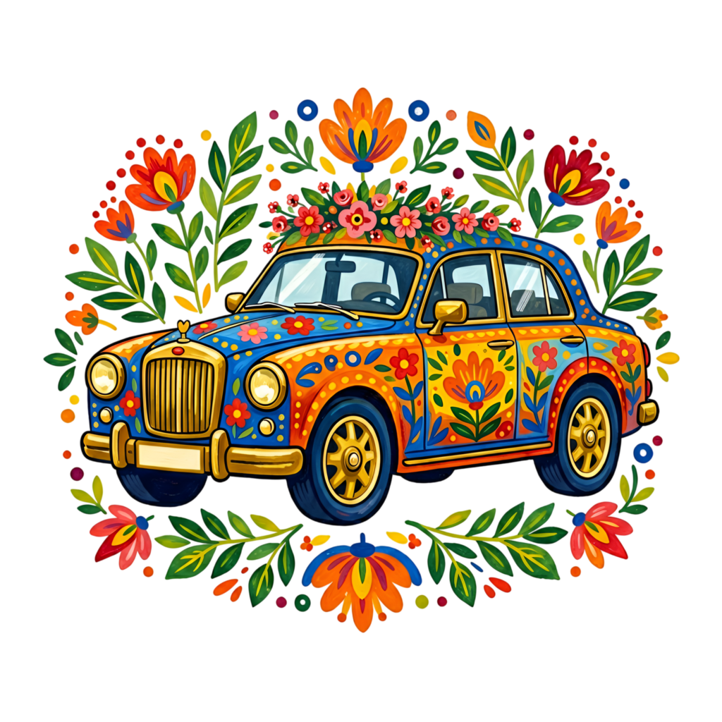 Vibrant wedding car clipart, a cheerful folk art car adorned with colorful patterns and flowers, festive PNG