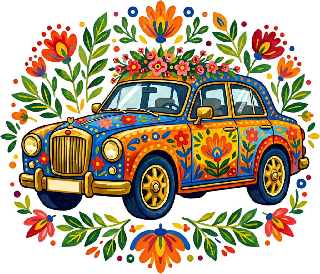 Vibrant wedding car clipart, a cheerful folk art car adorned with colorful patterns and flowers, festive PNG