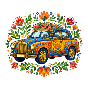 - Elegant wedding car clipart, white modern sedan adorned with a heart-shaped rose bouquet, sophisticated PNG Free PNG Download