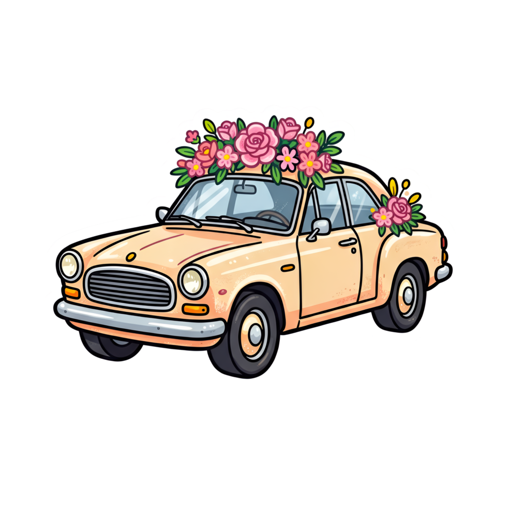 Sweet wedding car illustration, a beige vintage coupe with a delightful rooftop floral bouquet, charming PNG