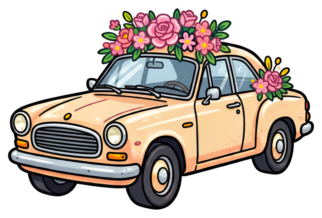 Sweet wedding car illustration, a beige vintage coupe with a delightful rooftop floral bouquet, charming PNG