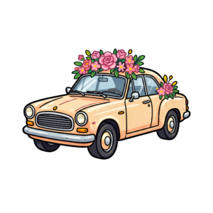 - Elegant wedding car clipart, white modern sedan adorned with a heart-shaped rose bouquet, sophisticated PNG Free PNG Download