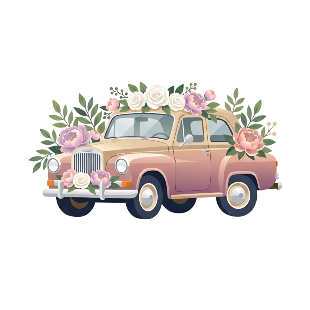 Chic wedding car illustration, a stylish pink and beige vintage car with elegant floral accents, beautiful PNG