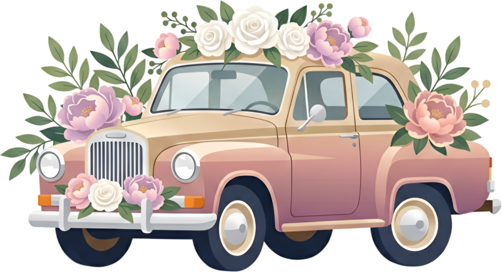 Chic wedding car illustration, a stylish pink and beige vintage car with elegant floral accents, beautiful PNG