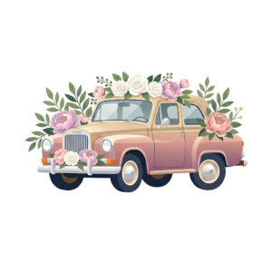 - Elegant wedding car clipart, white modern sedan adorned with a heart-shaped rose bouquet, sophisticated PNG Free PNG Download
