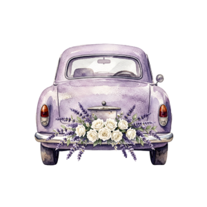 - Elegant wedding car clipart, white modern sedan adorned with a heart-shaped rose bouquet, sophisticated PNG Free PNG Download