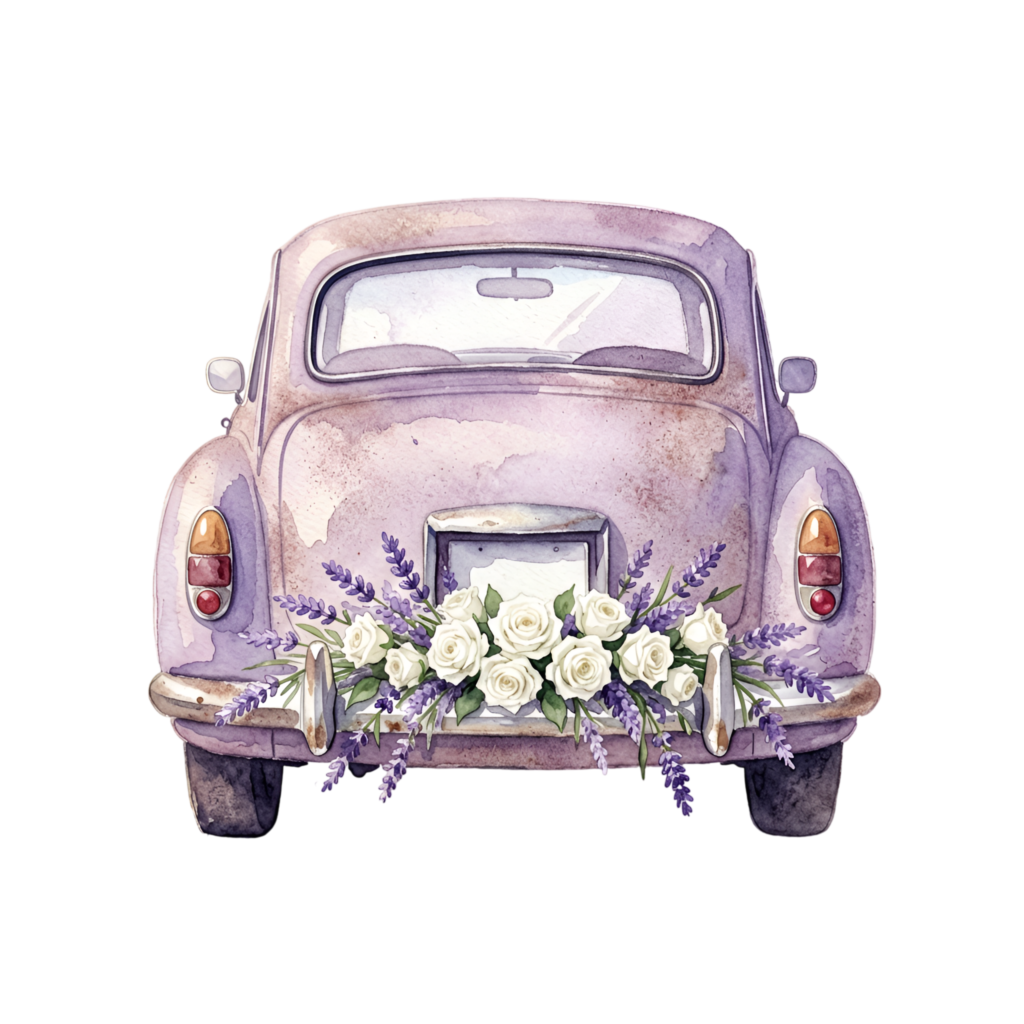 Watercolor wedding car clipart, rear view purple vintage car with elegant white roses and lavender, serene PNG