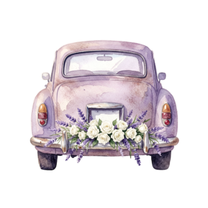 - Elegant wedding car clipart, white modern sedan adorned with a heart-shaped rose bouquet, sophisticated PNG Free PNG Download