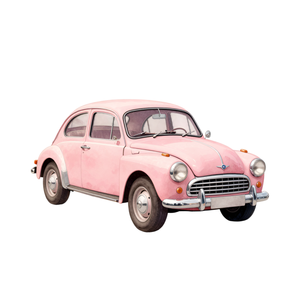 Adorable pink wedding car, a cute vintage beetle with classic chrome accents, delightful watercolor PNG
