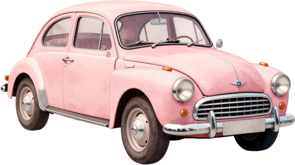 Adorable pink wedding car, a cute vintage beetle with classic chrome accents, delightful watercolor PNG