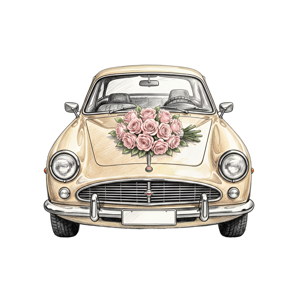 Detailed wedding car illustration, front view beige vintage convertible with a vibrant rose bouquet, pencil PNG