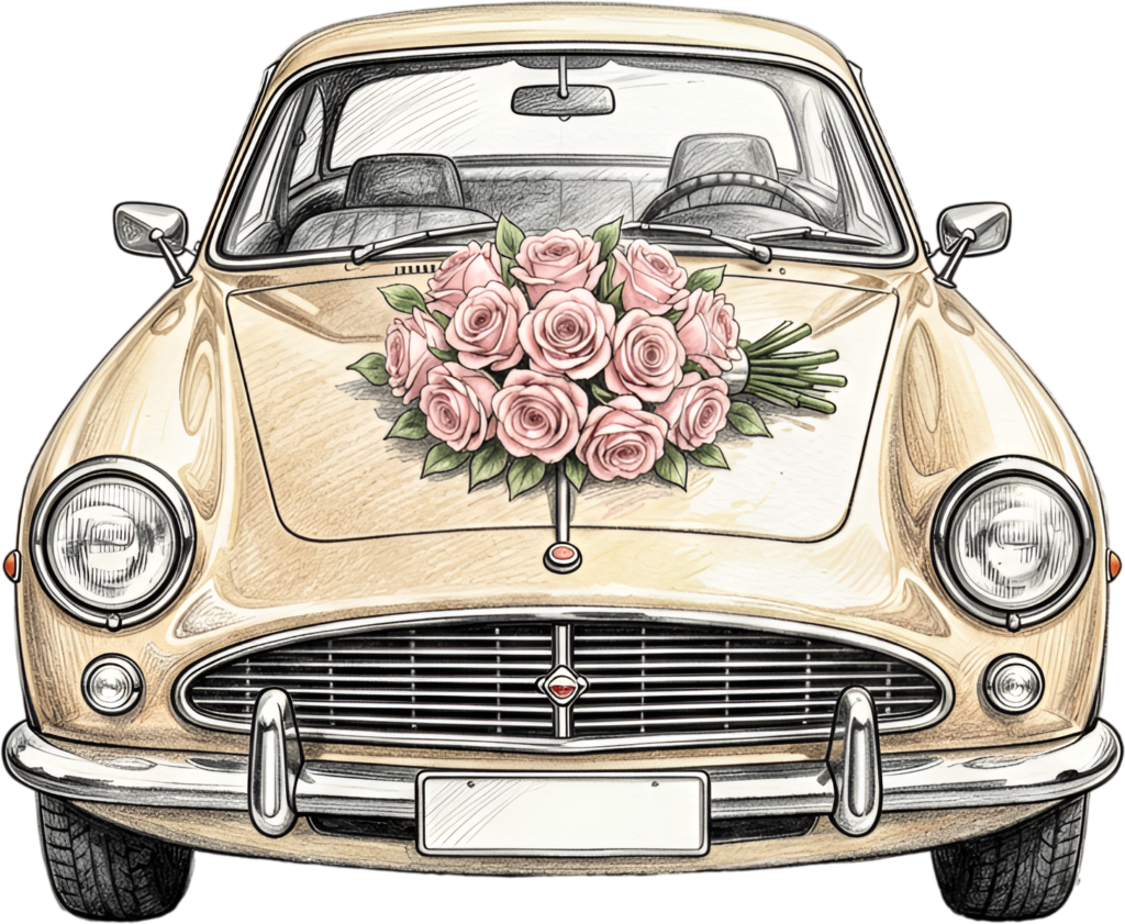 Detailed wedding car illustration, front view beige vintage convertible with a vibrant rose bouquet, pencil PNG