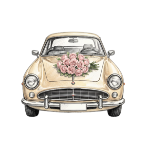 - Elegant wedding car clipart, white modern sedan adorned with a heart-shaped rose bouquet, sophisticated PNG Free PNG Download