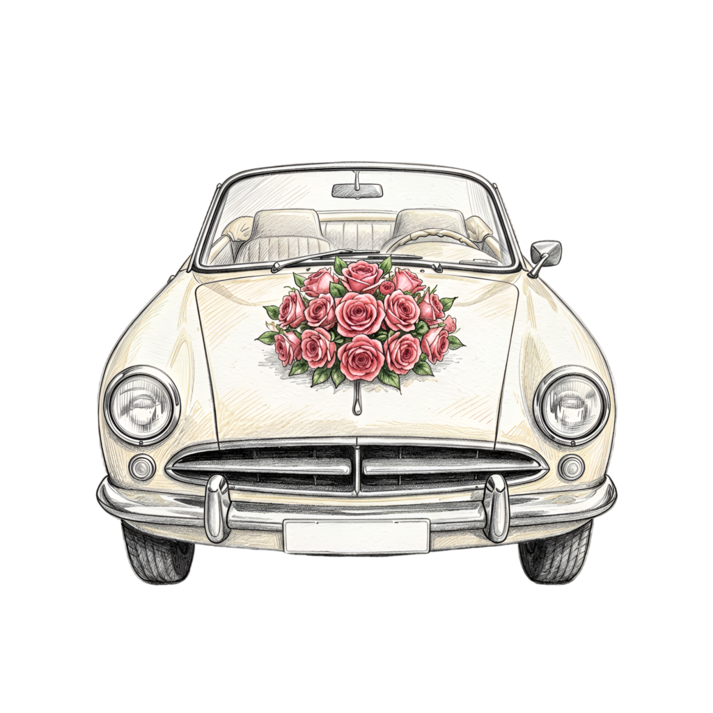 Artistic wedding car illustration, front view cream vintage convertible with a beautiful rose bouquet, elegant PNG