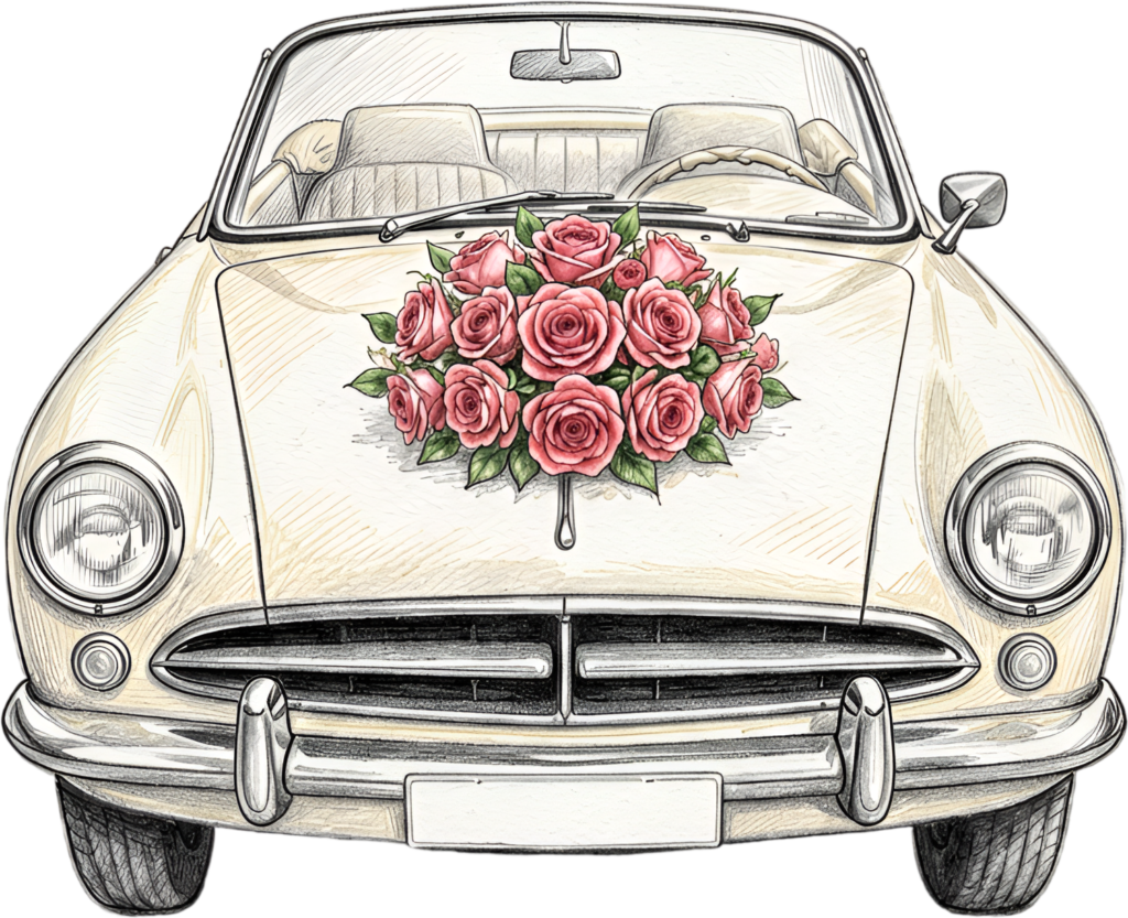 Artistic wedding car illustration, front view cream vintage convertible with a beautiful rose bouquet, elegant PNG