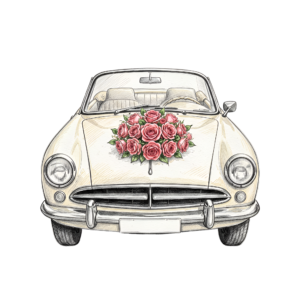 - Elegant wedding car clipart, white modern sedan adorned with a heart-shaped rose bouquet, sophisticated PNG Free PNG Download
