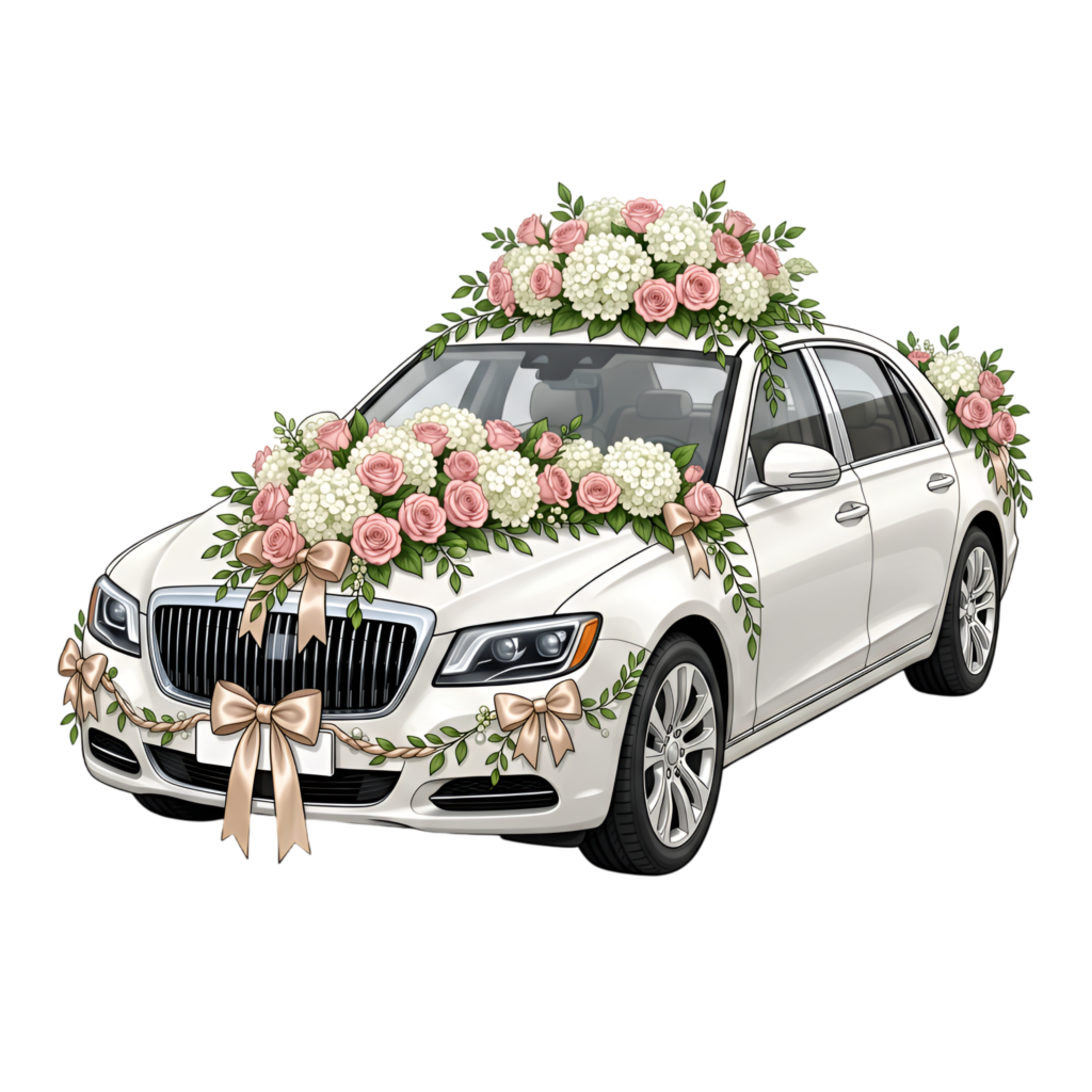 Opulent wedding car clipart, white modern luxury sedan decorated with pink roses and hydrangeas, lavish PNG