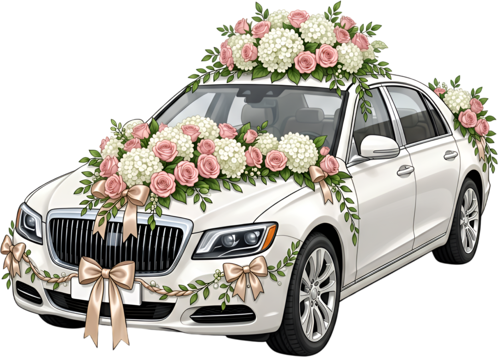 Opulent wedding car clipart, white modern luxury sedan decorated with pink roses and hydrangeas, lavish PNG