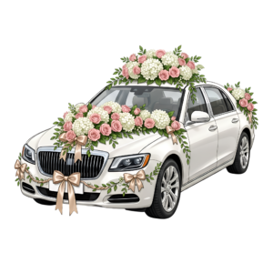 - Elegant wedding car clipart, white modern sedan adorned with a heart-shaped rose bouquet, sophisticated PNG Free PNG Download