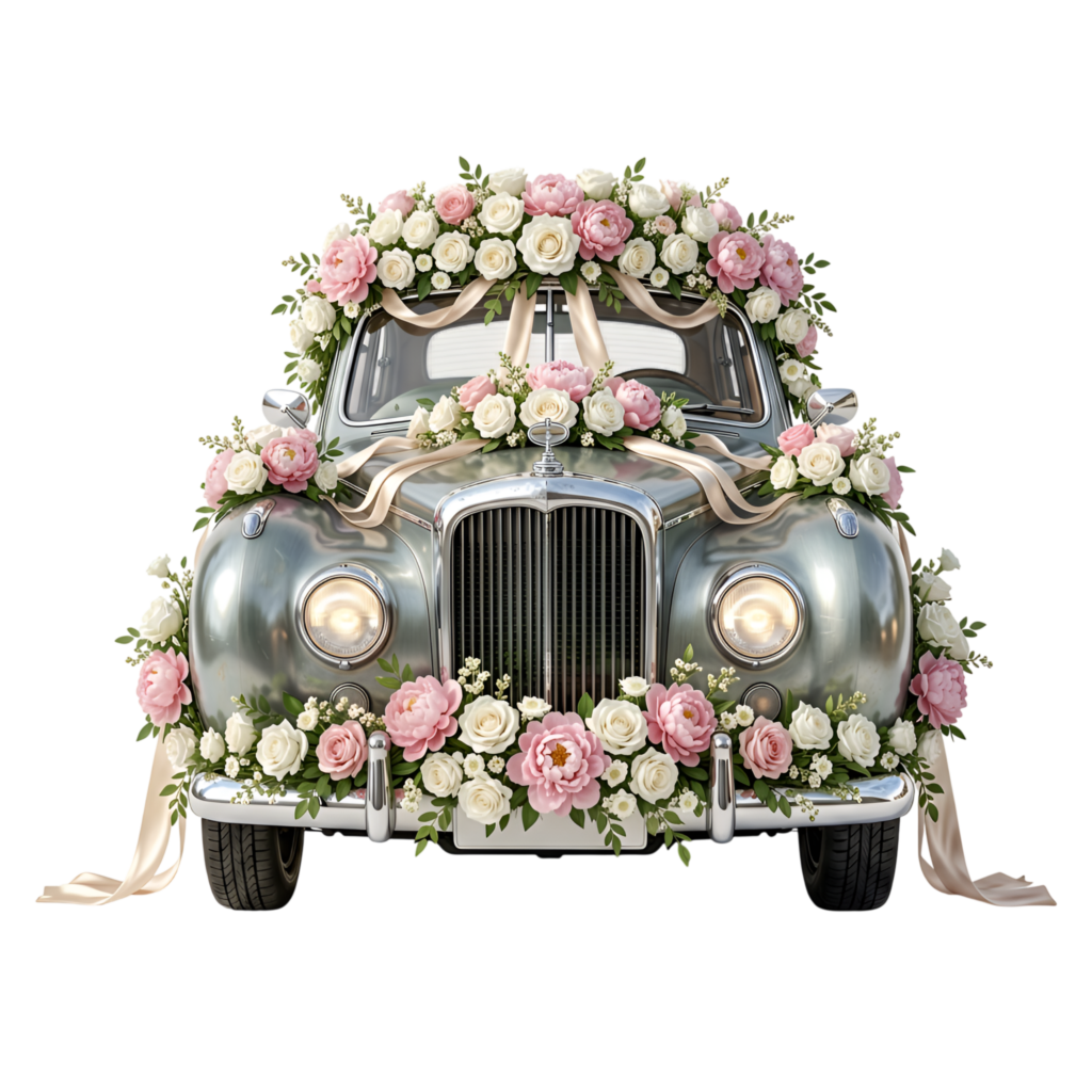 Majestic wedding car illustration, silver vintage sedan heavily adorned with white and pink roses, grand PNG