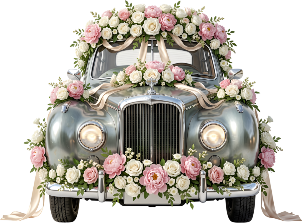 Majestic wedding car illustration, silver vintage sedan heavily adorned with white and pink roses, grand PNG