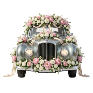 - Elegant wedding car clipart, white modern sedan adorned with a heart-shaped rose bouquet, sophisticated PNG Free PNG Download