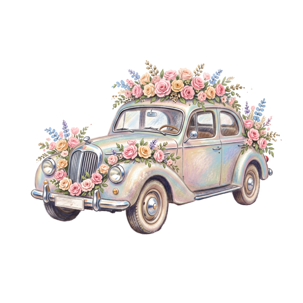 Dreamy wedding car illustration, a pastel rainbow vintage sedan decorated with various colorful flowers, ethereal PNG