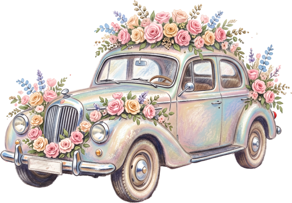 Dreamy wedding car illustration, a pastel rainbow vintage sedan decorated with various colorful flowers, ethereal PNG