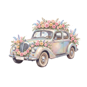 - Elegant wedding car clipart, white modern sedan adorned with a heart-shaped rose bouquet, sophisticated PNG Free PNG Download
