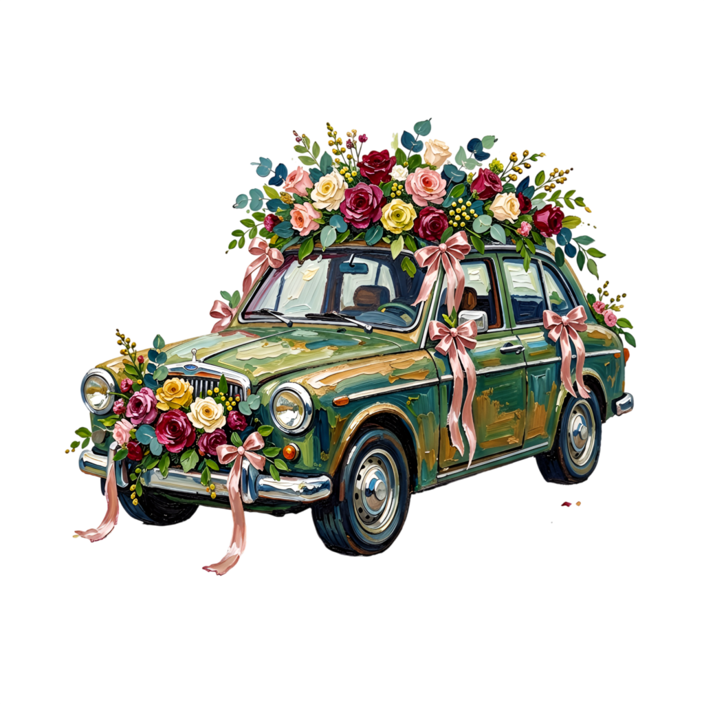 Rustic wedding car illustration, olive green vintage sedan lavishly decorated with colorful roses and ribbons, charming PNG