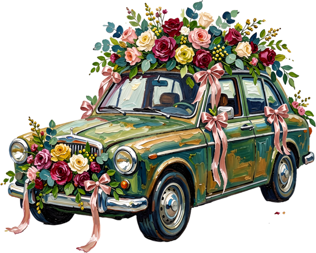 Rustic wedding car illustration, olive green vintage sedan lavishly decorated with colorful roses and ribbons, charming PNG