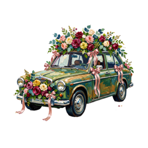 - Elegant wedding car clipart, white modern sedan adorned with a heart-shaped rose bouquet, sophisticated PNG Free PNG Download