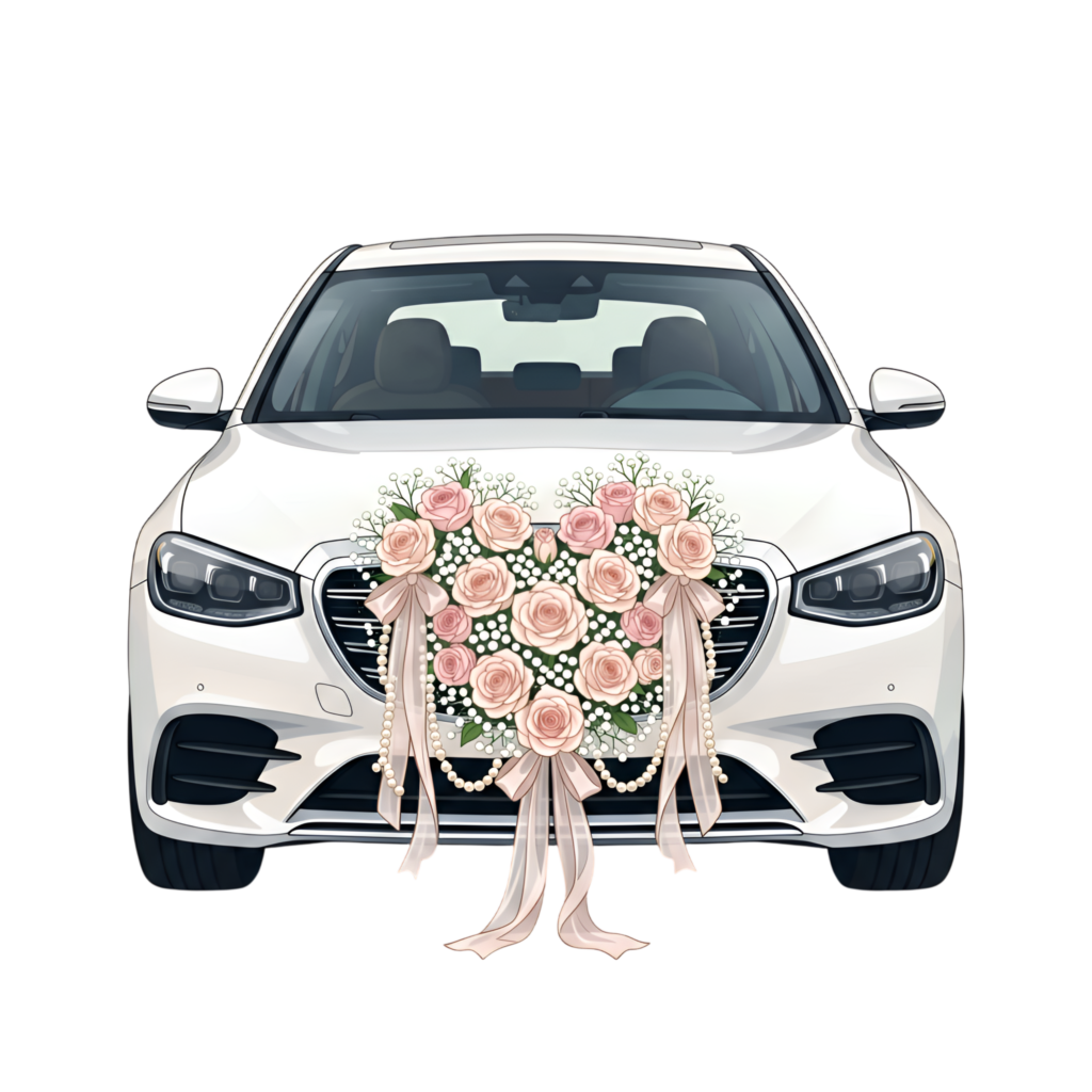 Elegant wedding car clipart, white modern sedan adorned with a heart-shaped rose bouquet, sophisticated PNG