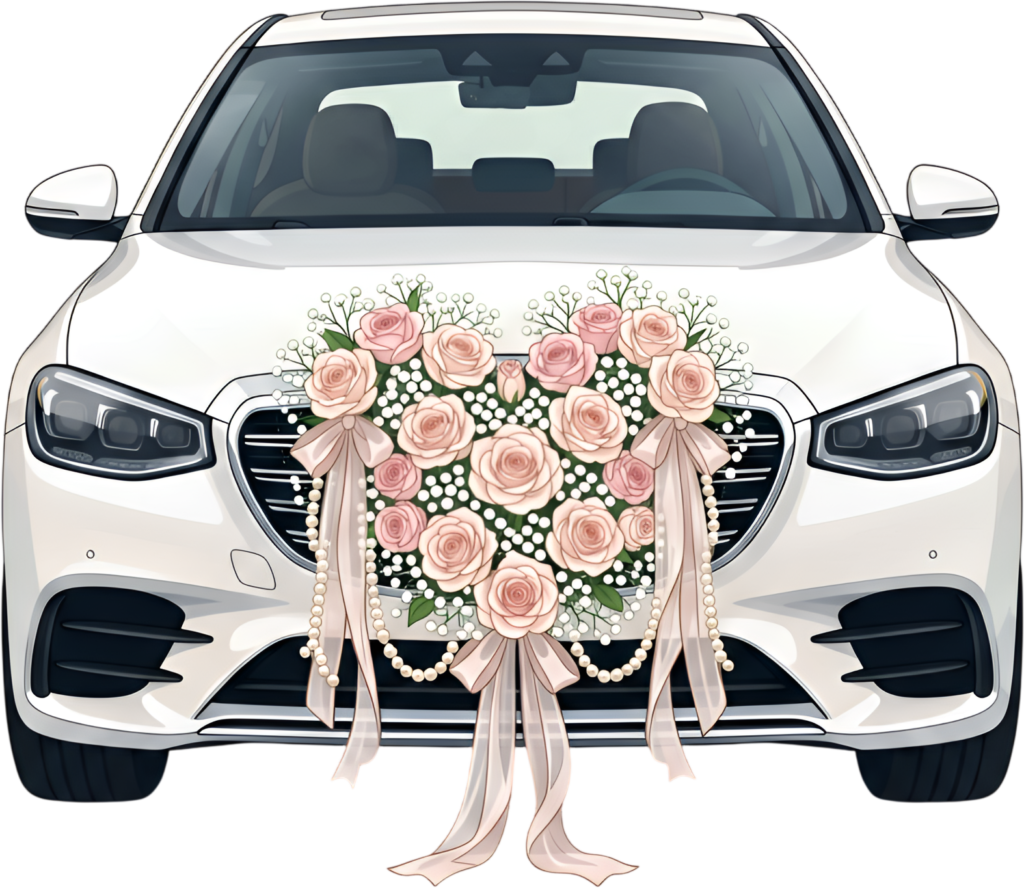 Elegant wedding car clipart, white modern sedan adorned with a heart-shaped rose bouquet, sophisticated PNG