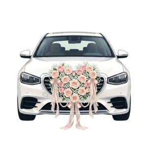 - Artistic wedding car illustration, front view cream vintage convertible with a beautiful rose bouquet, elegant PNG Free PNG Download