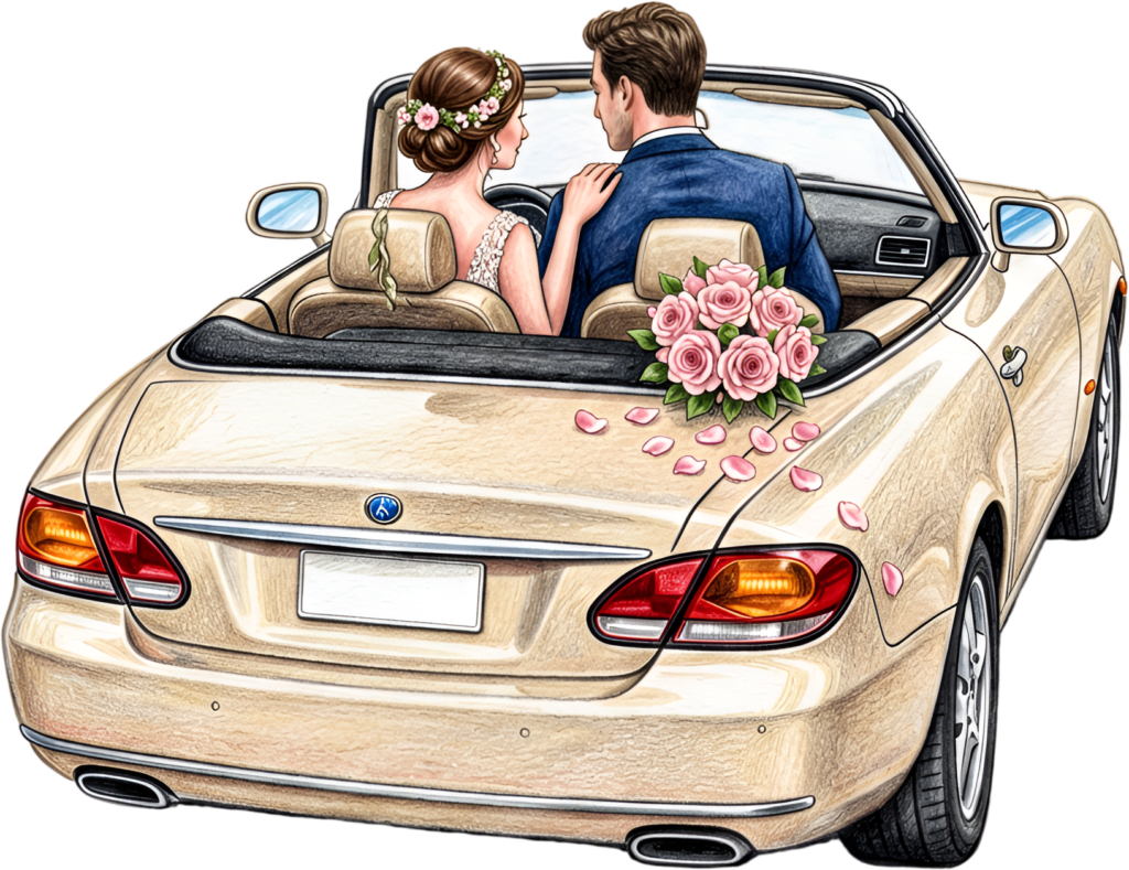 Modern convertible wedding car couple PNG illustration, elegant romantic clipart for unique celebration designs.