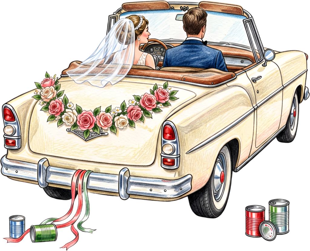 Classic vintage wedding car couple PNG, charming antique bridal clipart for traditional ceremony decorations.
